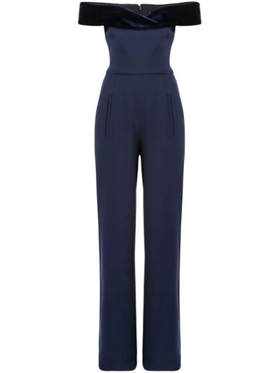 Black Halo Yoli Velvet Trim Off The Shoulder Jumpsuit In Navy/pacific