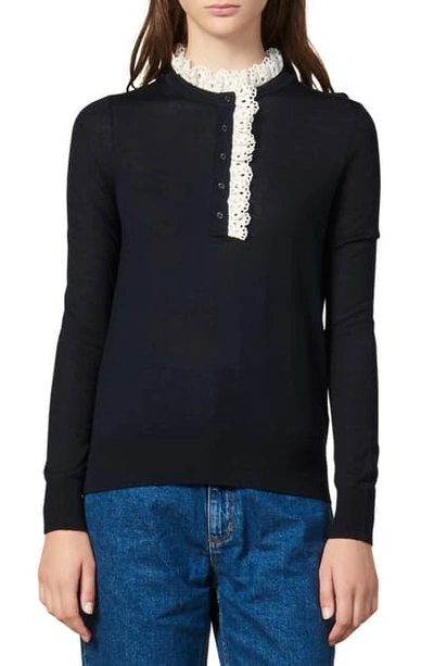 Sandro Colane Eyelet Detail Wool Blend Sweater In Navy