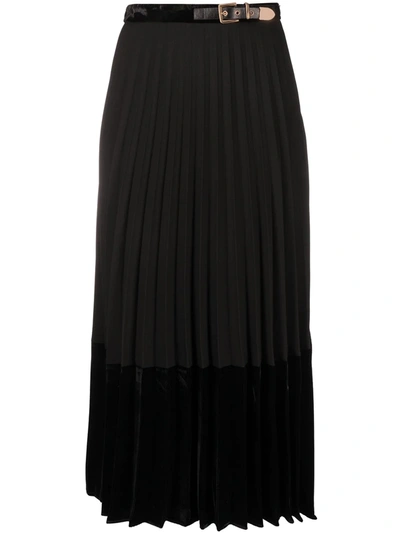 Sandro Velna Velvet Panelled Mid-length Skirt In Black