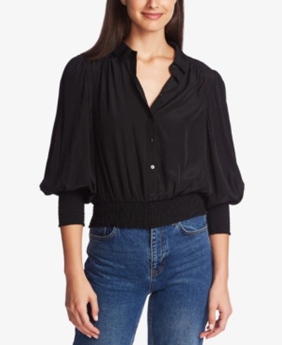 1.state Dot Jacquard Smocked Waist Button Front Top In Rich Black