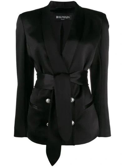 Balmain Double-breasted Satin Wrap Blazer In Black