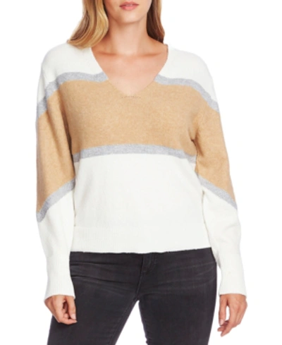 Vince Camuto Bishop Sleeve Colorblock V-neck Sweater In Antique White