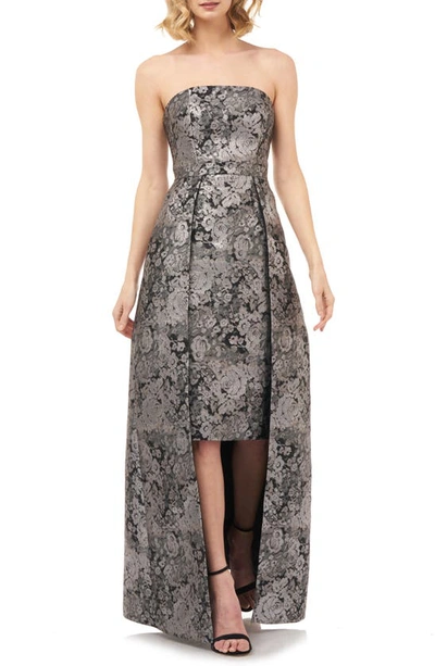 Kay Unger Paloma Floral Silver Jacquard Strapless Dress W/ Overlay Skirt In Silver Multi