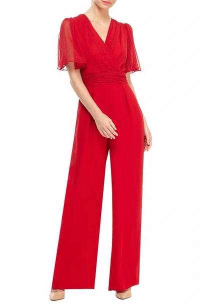 Gal Meets Glam Collection Brielle Clip Dot Chiffon Jumpsuit In Ruby