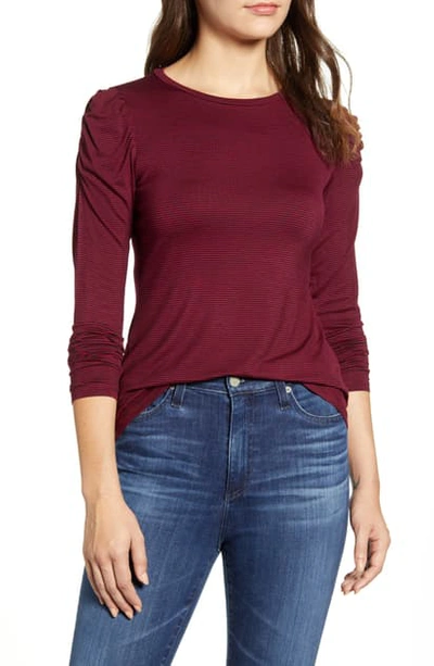 Bobeau Bishop Sleeve Top In Burgundy/ Black Stripe