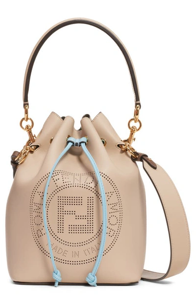 Fendi Mon Tresor Perforated Logo Leather Bucket Bag In Cloud/ Soft Gold