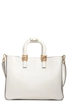 Fendi Medium Ff Top Handle Leather Tote In Ice White/ Soft Gold