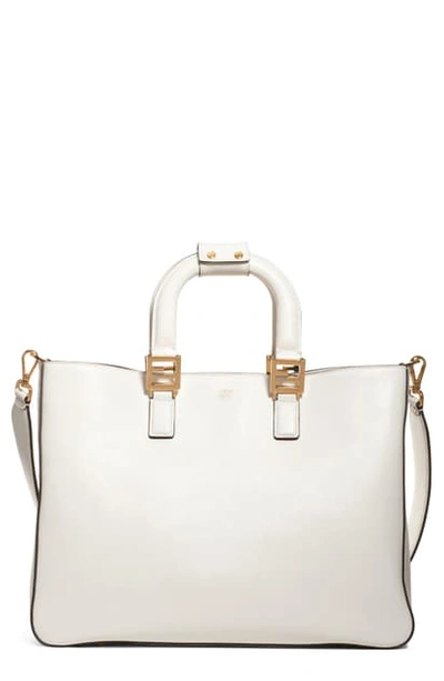 Fendi Medium Ff Top Handle Leather Tote In Ice White/ Soft Gold