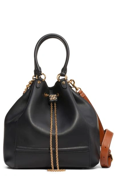 Fendi Grace Chain Drawstring Leather Bucket Bag In Nero/ Bisquit/ Soft Gold