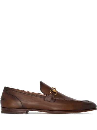 Gucci Jordaan Horsebit Burnished-leather Loafers In Brown