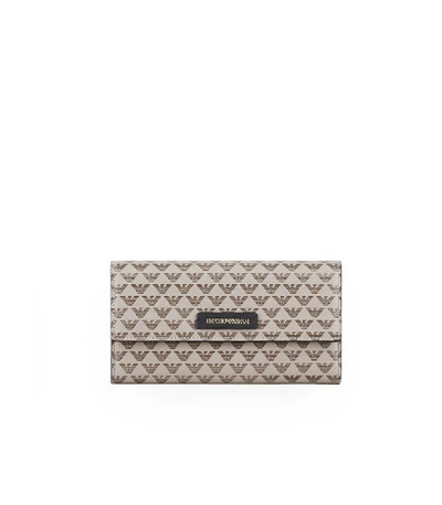 Emporio Armani Beige Pvc All Over Iconic Logo Wallet In Grey