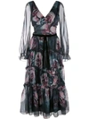 Marchesa Notte Floral-print Slit-sleeves Dress In Black