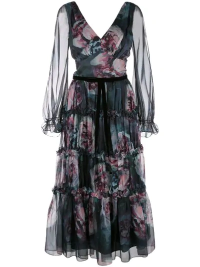 Marchesa Notte Floral-print Slit-sleeves Dress In Black