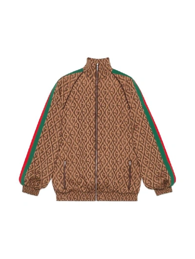 Gucci Zipped Logo Rombus Jacket In Brown Multi
