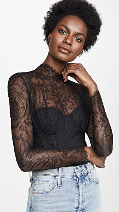 Jonathan Simkhai Embroidered Lace Long Sleeve Bodysuit In Black
