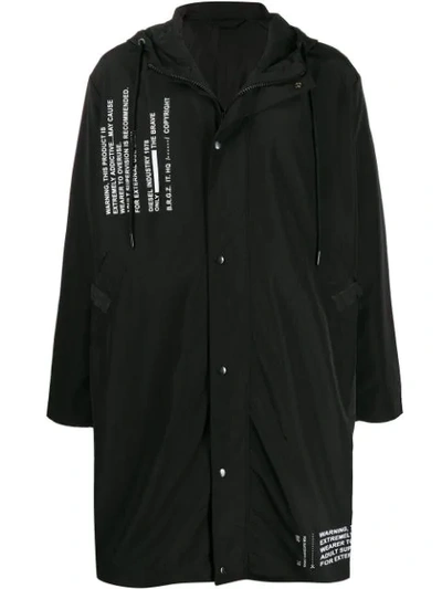 Diesel Text-print Hooded Coat In Black