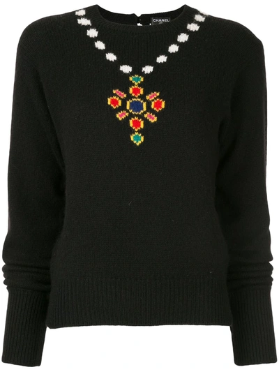 Pre-owned Chanel 1995 Intarsia Knit Jumper In Black