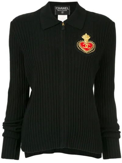 Pre-owned Chanel 1996 Emblem Zip-up Polo Shirt In Black