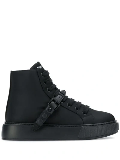 Prada Buckled Strap High-top Trainers In Black