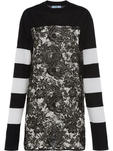 Prada Lace Panel Sweatshirt In Black Modesens