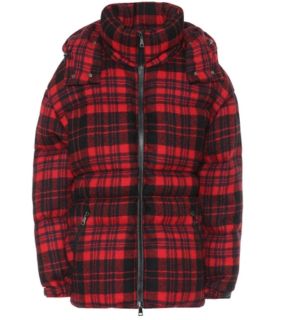 Moncler Checked Wool Down Coat In Red