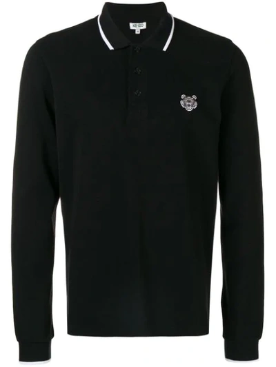 Kenzo Long Sleeve Tiger Polo Shirt In Black
