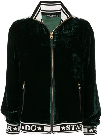 Dolce & Gabbana Logo-stripe Velvet Bomber Jacket In Green
