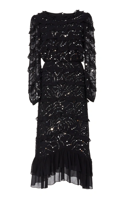 Saloni Women's Isa Silk Embroidery Mermaid Midi Dress In Black