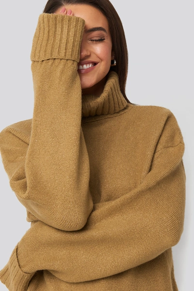 Afj X Na-kd Folded Sleeve Oversize Sweater - Brown In Light Beige