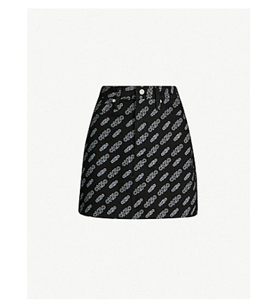 Calvin Klein Brand-print A-line Stretch-denim Mini Skirt In Black With Ck Print