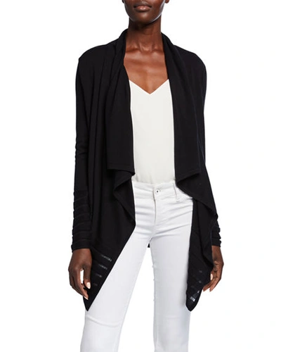 Neiman Marcus Super Fine Lattice Stripe Draped Silk/cashmere Cardigan In Black