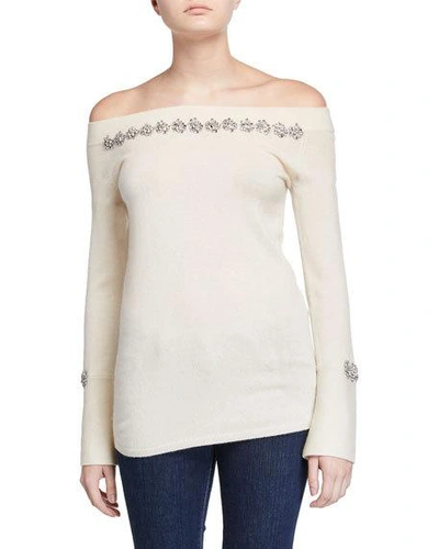 Neiman Marcus Cashmere Off-the-shoulder Long-sleeve Embellished Sweater In Winter White