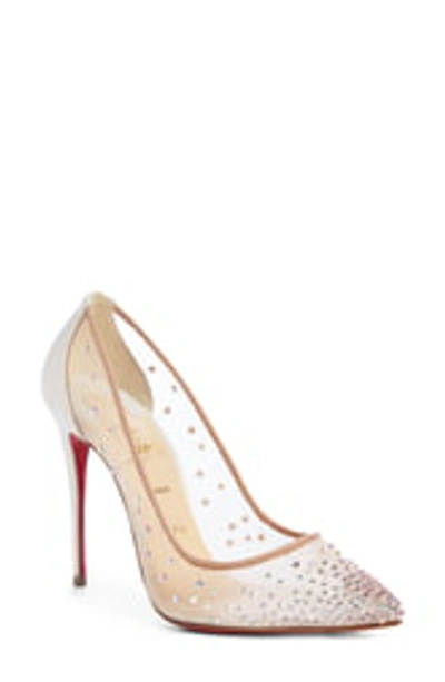 Christian Louboutin Follies Strass Pointy Toe Pump In Snow/ Nude