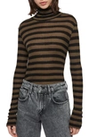 Allsaints Esme Shimmer Striped Turtleneck Top In Khaki/ Black