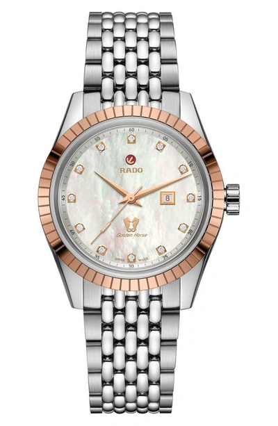 Rado Women's Swiss Automatic Golden Horse Diamond (1/10 Ct T.w.) Stainless Steel Bracelet Watch 35mm In Gold Tone / Mother Of Pearl / Rose / Rose Gold Tone