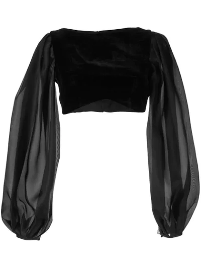 Rasario Puff Sleeve Velvet Cropped Top In Black
