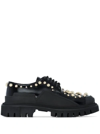 Dolce & Gabbana Polished Calfskin Trekking Derby With Stud Embroidery In Nero Multicolor (black)