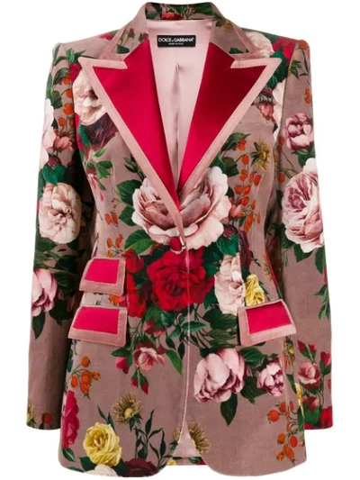 Dolce & Gabbana Baroque Rose-print Velvet Blazer In Pink