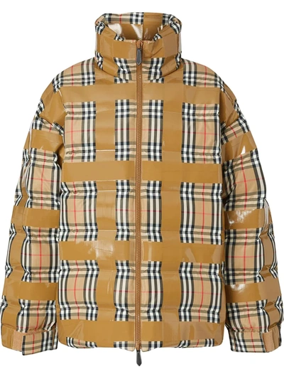 Burberry Tape Detail Check Down Puffer Jacket In Beige