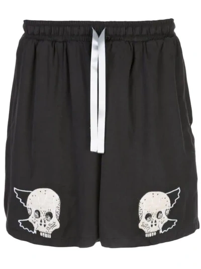 Lost Daze Skull Print Silk Shorts In Black