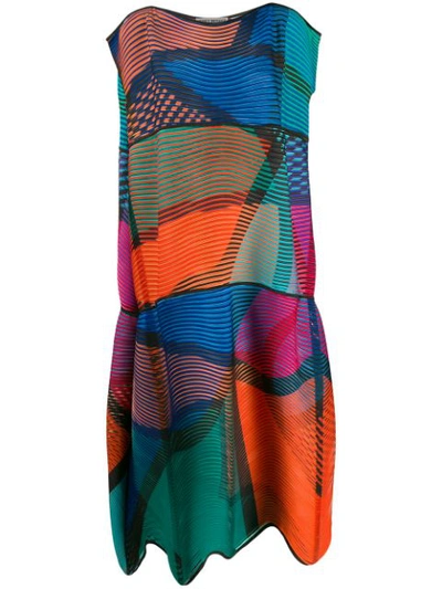 Issey Miyake Pleated Colour Block Dress In Blue