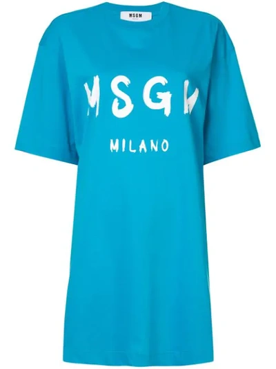 Msgm Printed Logo T-shirt Dress In Blue