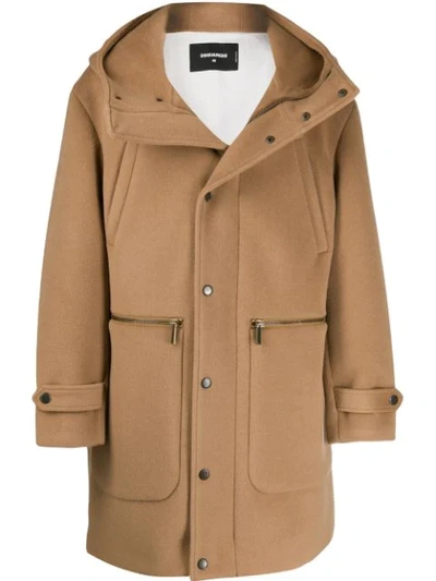 Dsquared2 Oversize Wool Blend Hooded Coat In Tan Colour In Beige