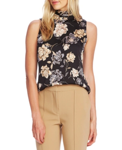 Vince Camuto Enchanted Floral Printed Mock-neck Sleeveless Top In Rich Black