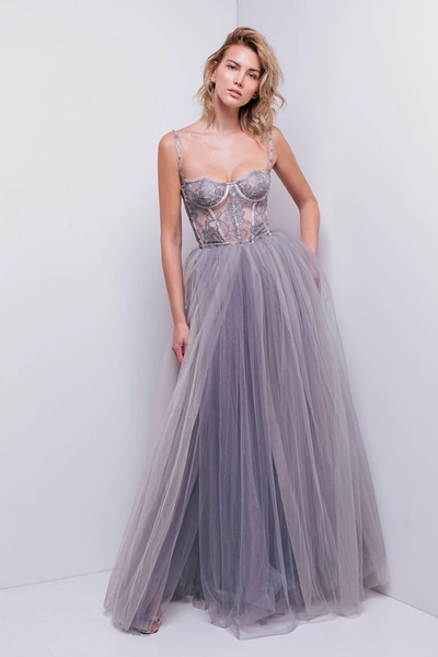 Aureliana Silver Chantilly Lace Tulle Gown In Purple