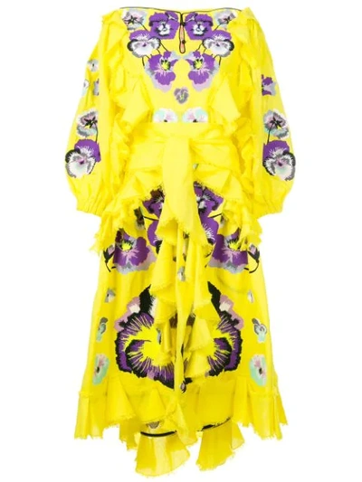 Yuliya Magdych Cotton Ruffle Dresspansies In Yellow W/purple