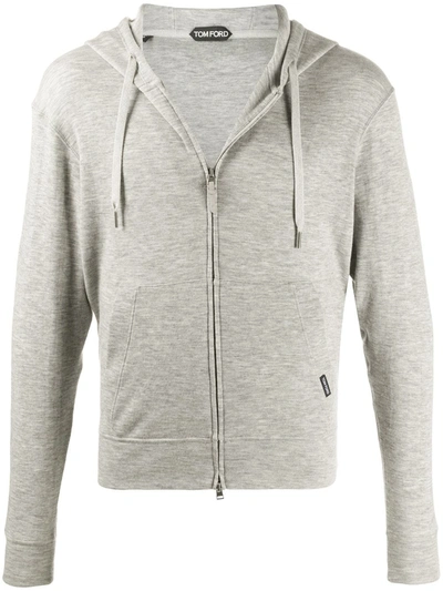 Tom Ford Leather-trimmed Jersey Zip-up Hoodie In Grey