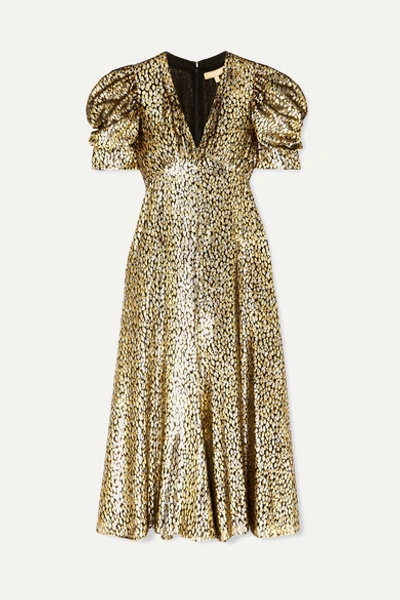 Michael Kors Metallic Fil Coupé Leopard-jacquard Midi Dress In Gold