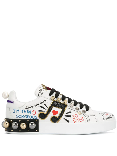 Dolce & Gabbana Music Printed Leather Sneakers With Patch In White,multi
