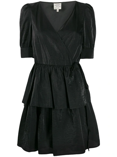 Baum Und Pferdgarten Romance & Rituals Akima Velvet Puff-sleeve A-line Wrap Dress In Black